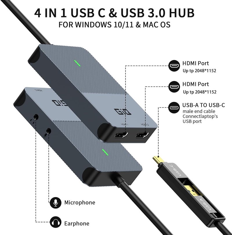 Giq HDMI Splitter Extended Display for Dual Monitor, Dual 2K@60Hz Universal Video Graphics USB to Dual HDMI Adapter for USB 3.0 / USB-C Adapter, Compatible with USB4,Windows and Mac1 - Image 2